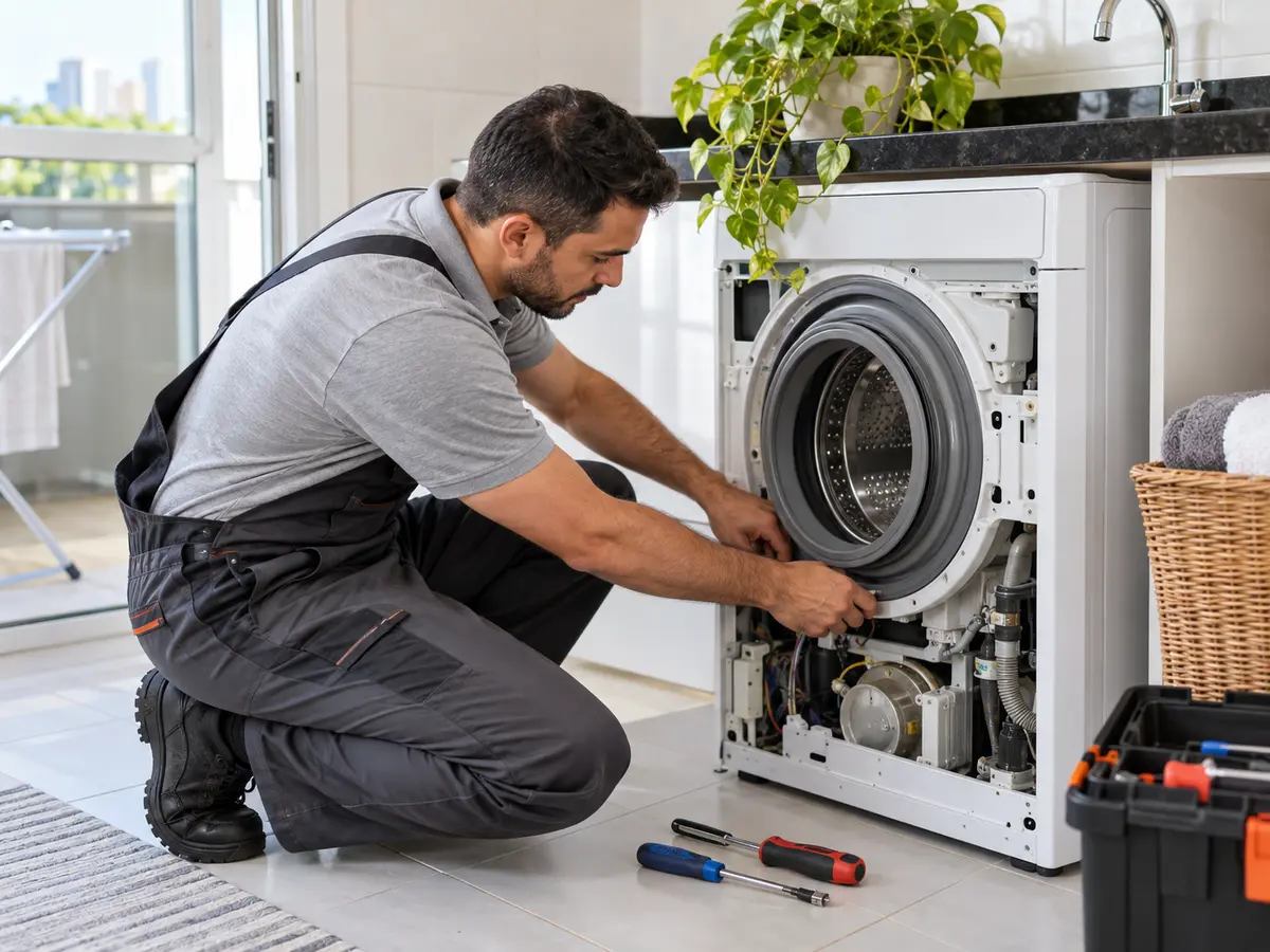 Técnico realizando manutenção em uma máquina de lavar